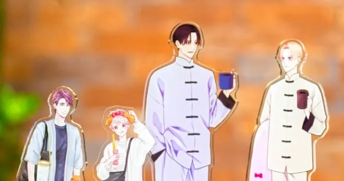 BL作品のキャラクターを描いた等身大アクリルスタンドの展示。